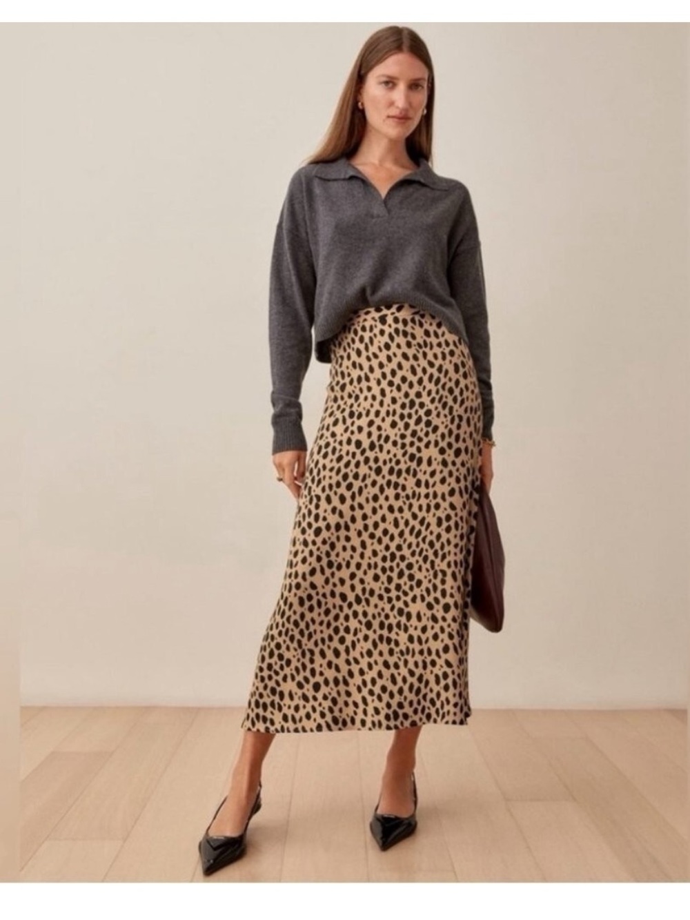 Reformation midi skirt in tan and black leopard